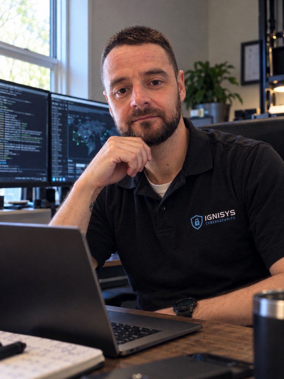 Zachary Schultz, Principal Security Consultant at IGNISYS Systems, seated in his office wearing an IGNISYS Cybersecurity shirt